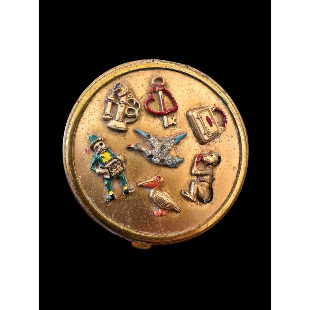 Vintage Powder Compact Figural Charm Lid Dog Bird Key Book Kitsch Vanity